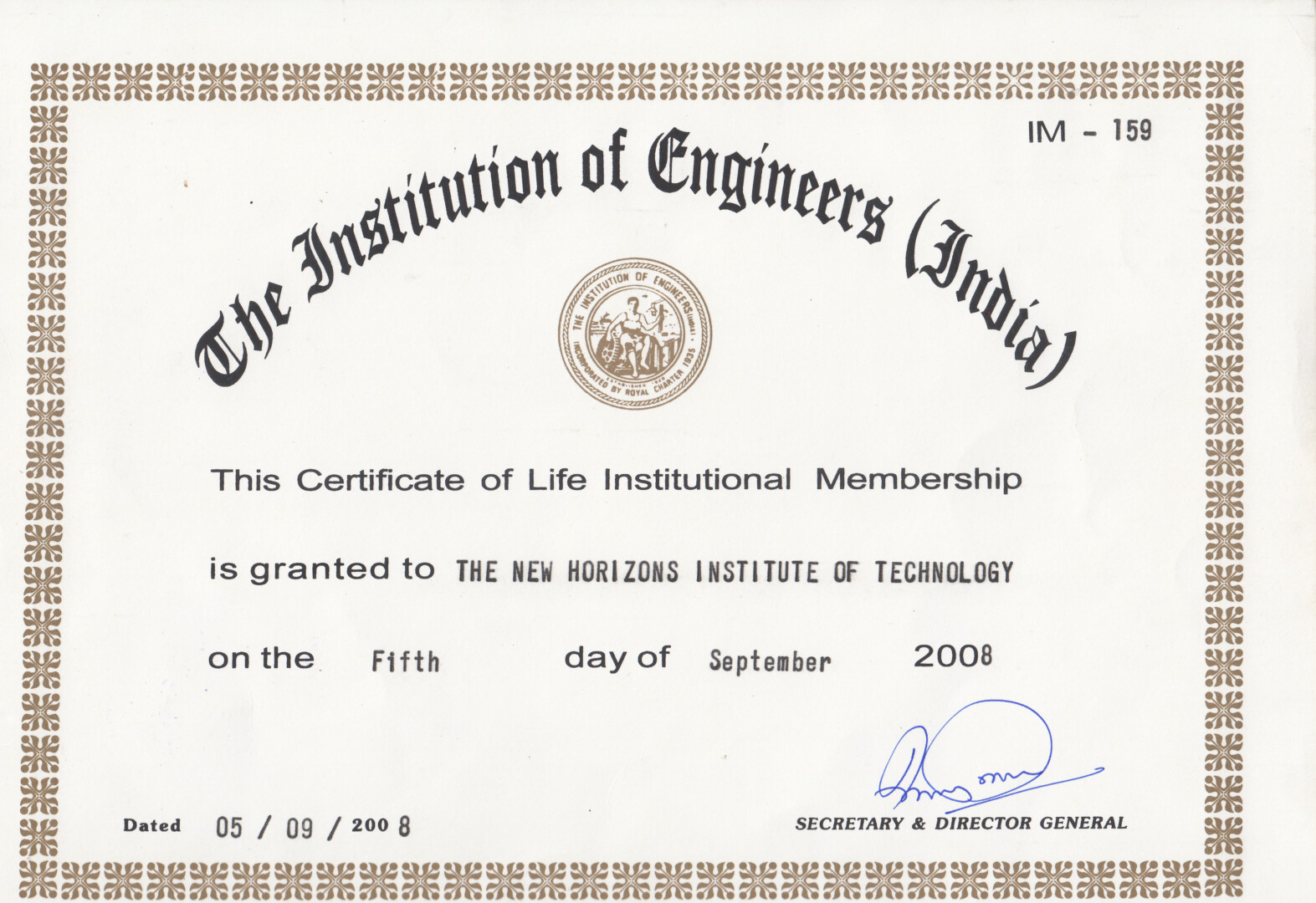 Institution of Engineers India membership certificate, dated 2008.