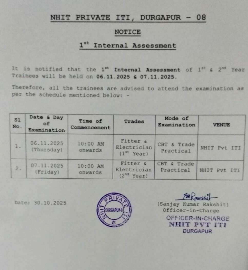 NHIT exam notice for 1st, 2nd year trainees.