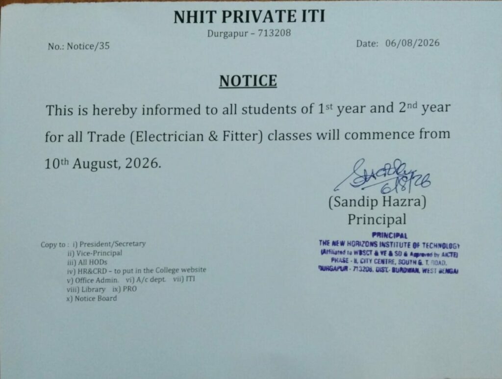 Notice about ITI classes starting August 10, 2026